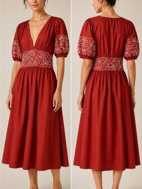 Merlette Embroidered Puff Sleeve Cotton Midi Dress Sz 8